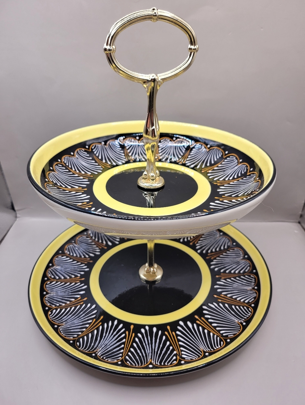 Vintage Quimper France 2 Tier Serving Tray Black Yellow Faience 11” Stand